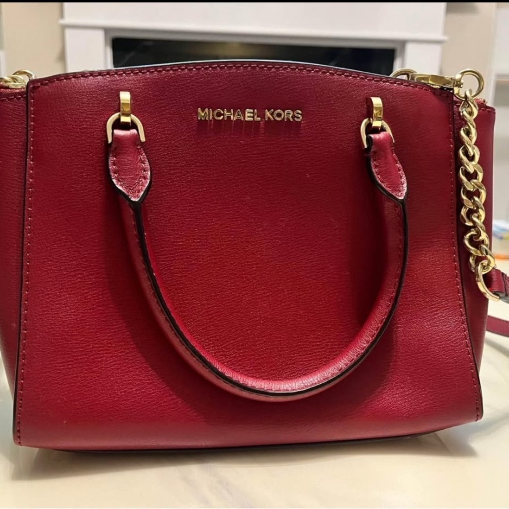 Michael Kors Red Saffiano Leather Satchel with Gold Accents